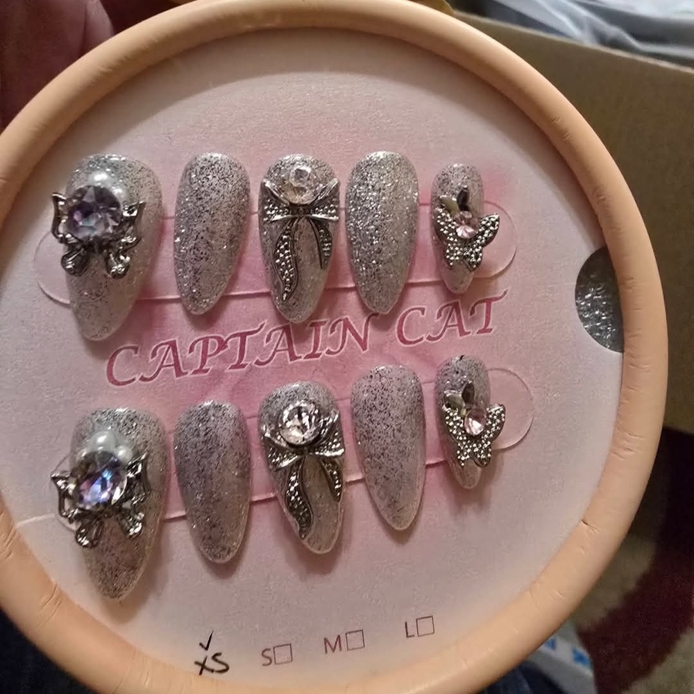 Silver Glitter Press-On Nails with Crystal Charms